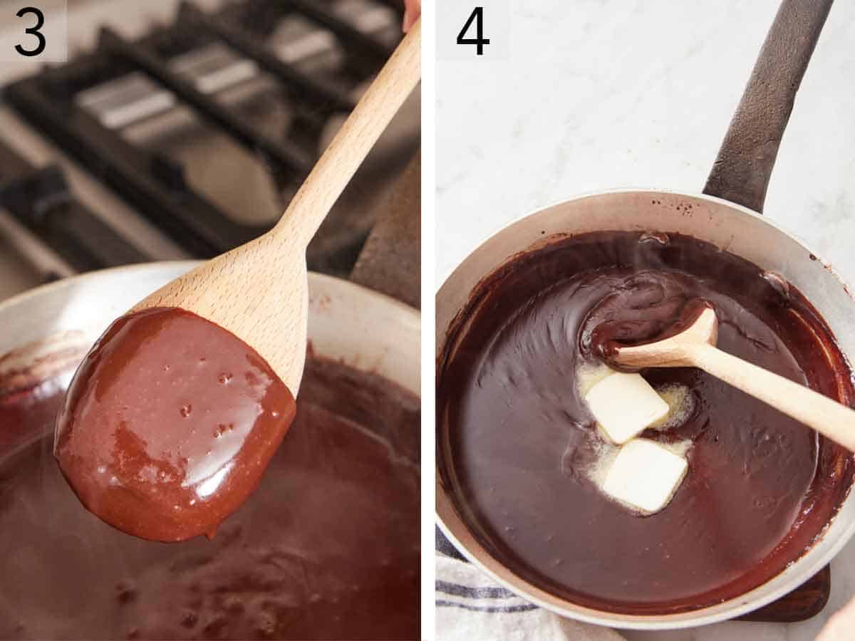 Set of two photos showing the texture of the chocolate gravy on the back of a wooden spoon then butter added to the chocolate.