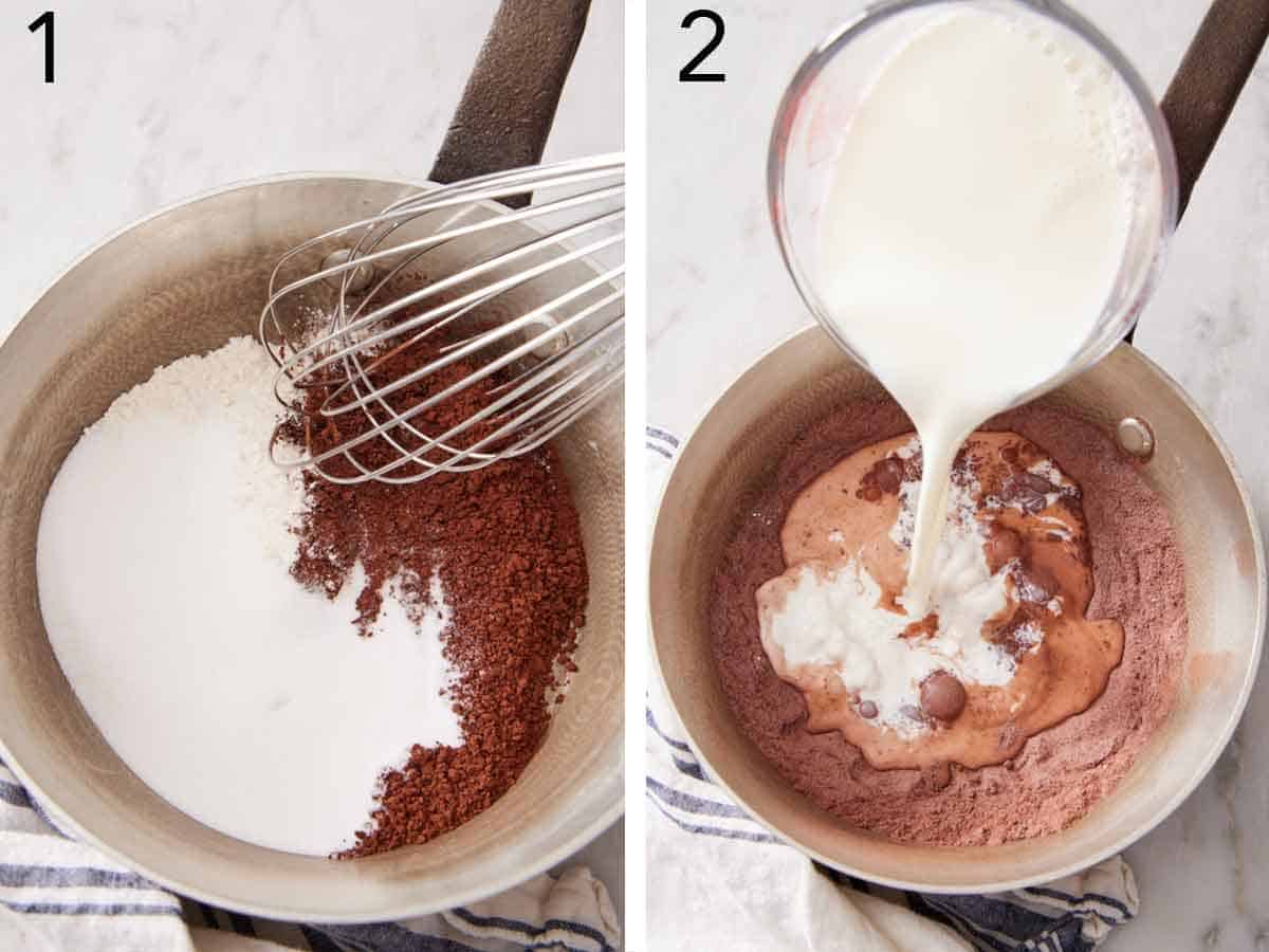 Set of two photos showing cocoa powder and sugar whisked together in a sauce pot and milk added.