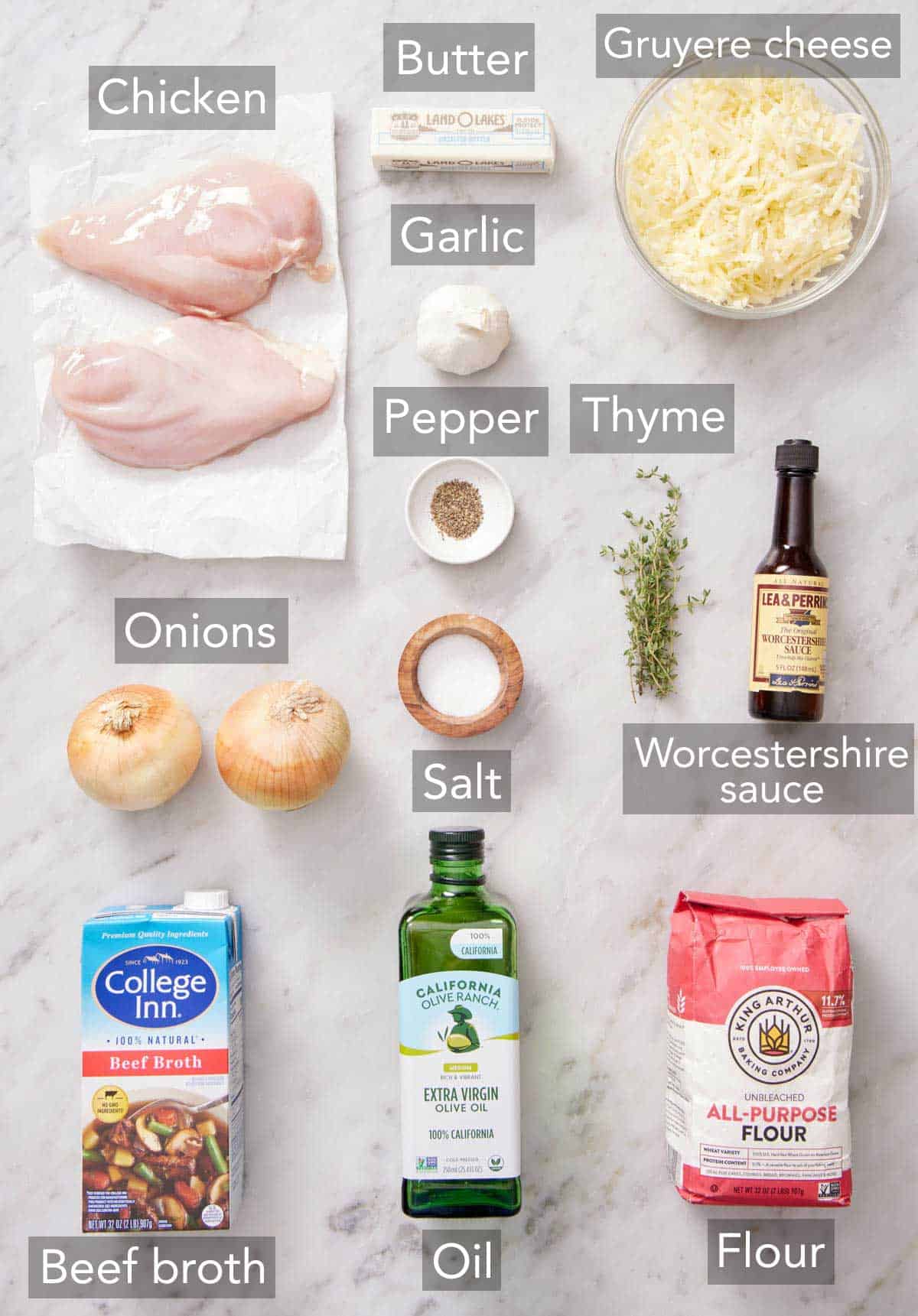 Ingredients needed to make French onion chicken.