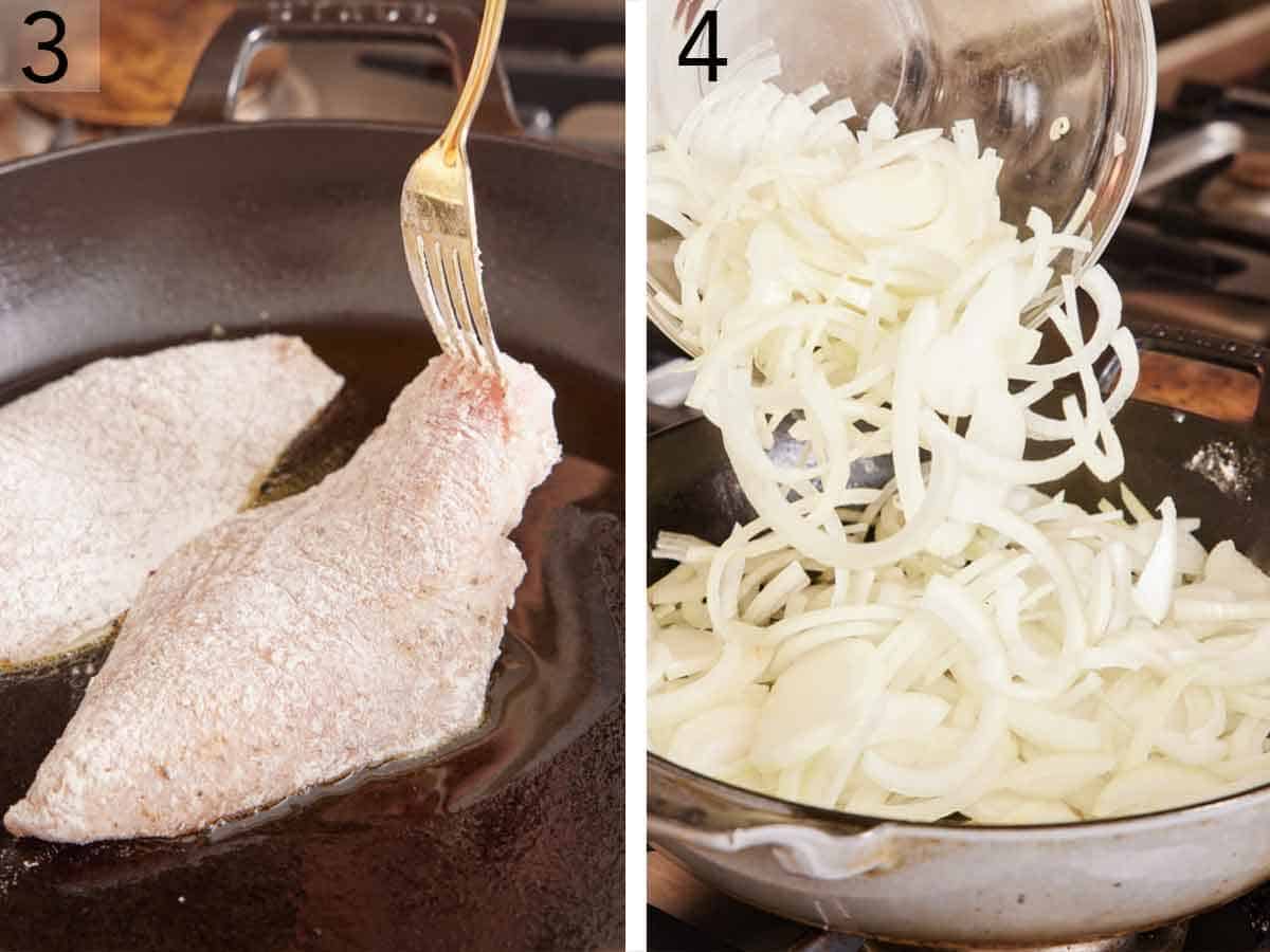 Set of two photos showing chicken pan fried and then onions added to a skillet.