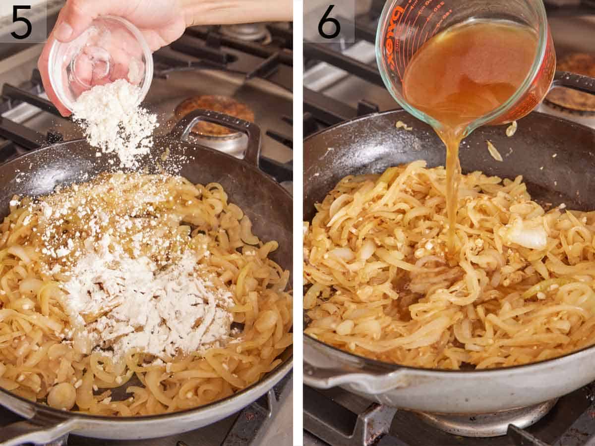 Set of two photos showing flour and beef broth added to the onions.