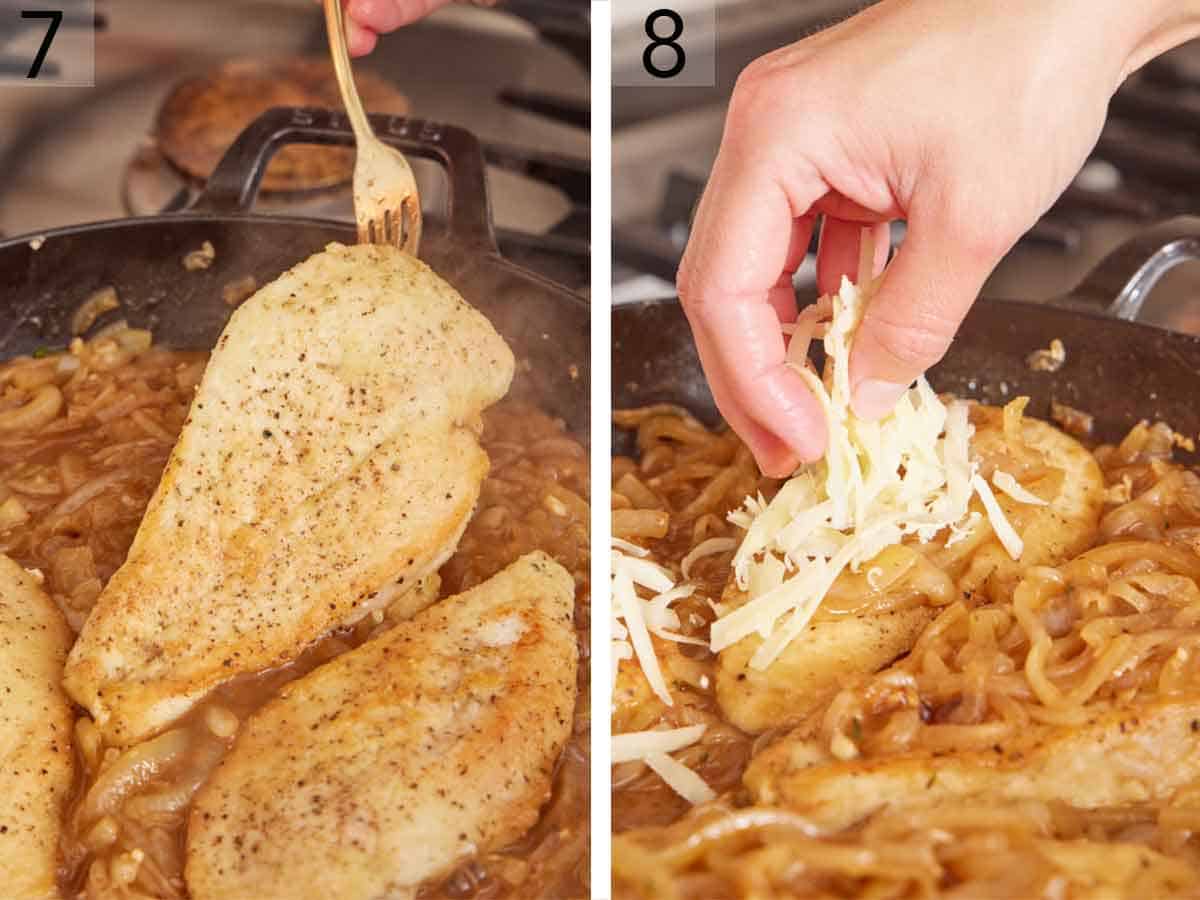 Set of two photos showing chicken added back to the skillet and grated cheese added on top.