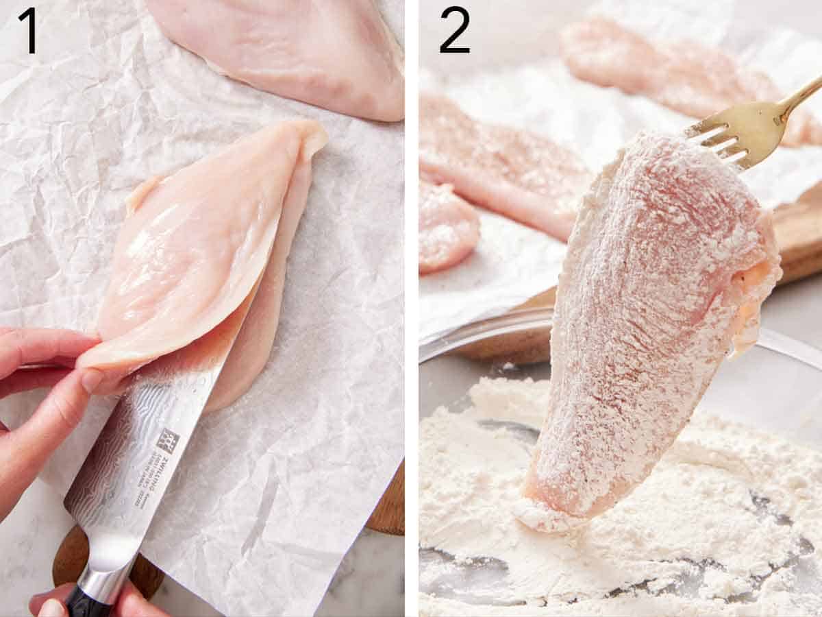 Set of two photos showing chicken breasts being sliced thin and coated in flour.