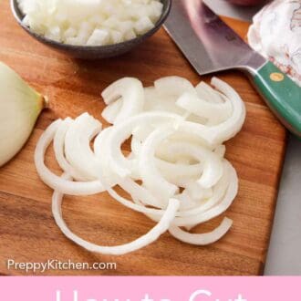 Pinterest graphic of a cutting board with sliced onions, a knife, and a bowl of diced onions.