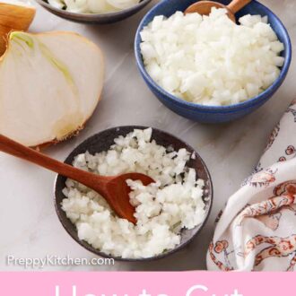 Pinterest graphic of a bowl of sliced onions, diced onions, and finely diced onions.