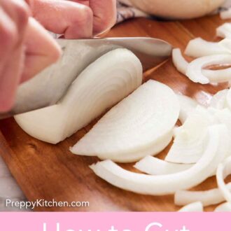 Pinterest graphic of half an onion in the process of being cut into slices.