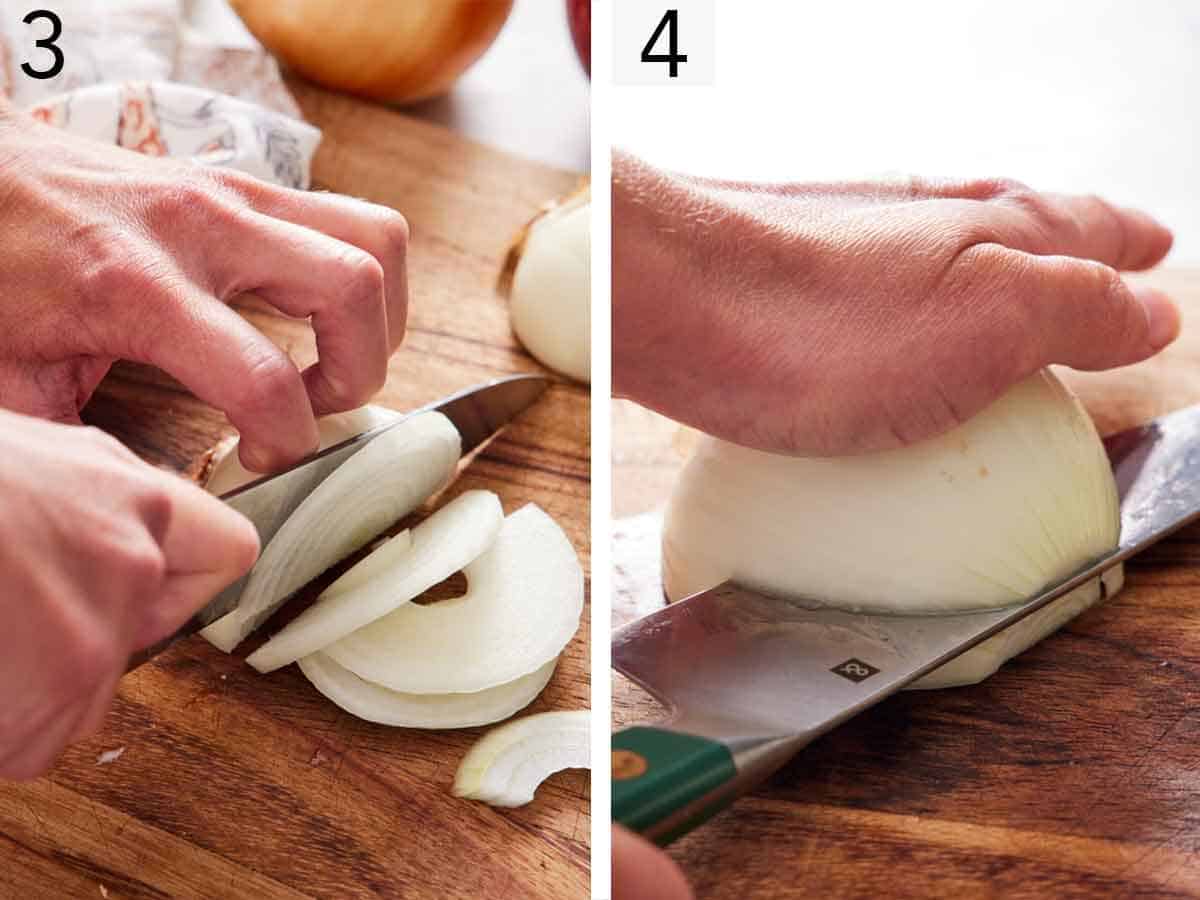 Set of two photos showing half an onion sliced and half an onion cut horizontally.