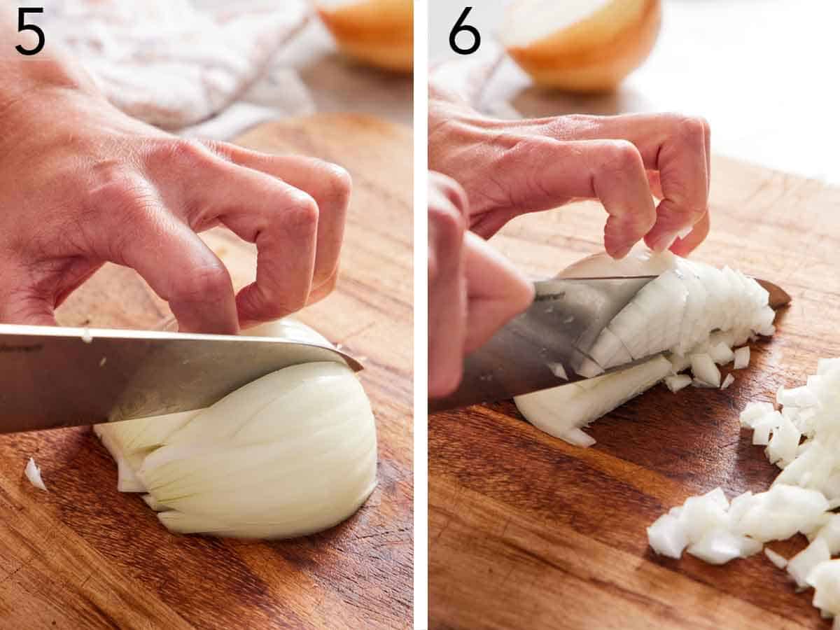 Set of two photos showing half an onion in the process of being diced.