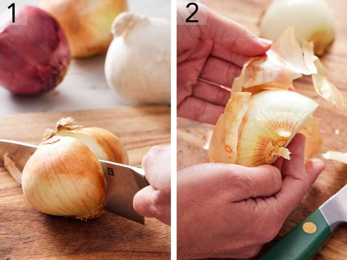 Set of two photos showing an onion cut in half and the skin peeled off.