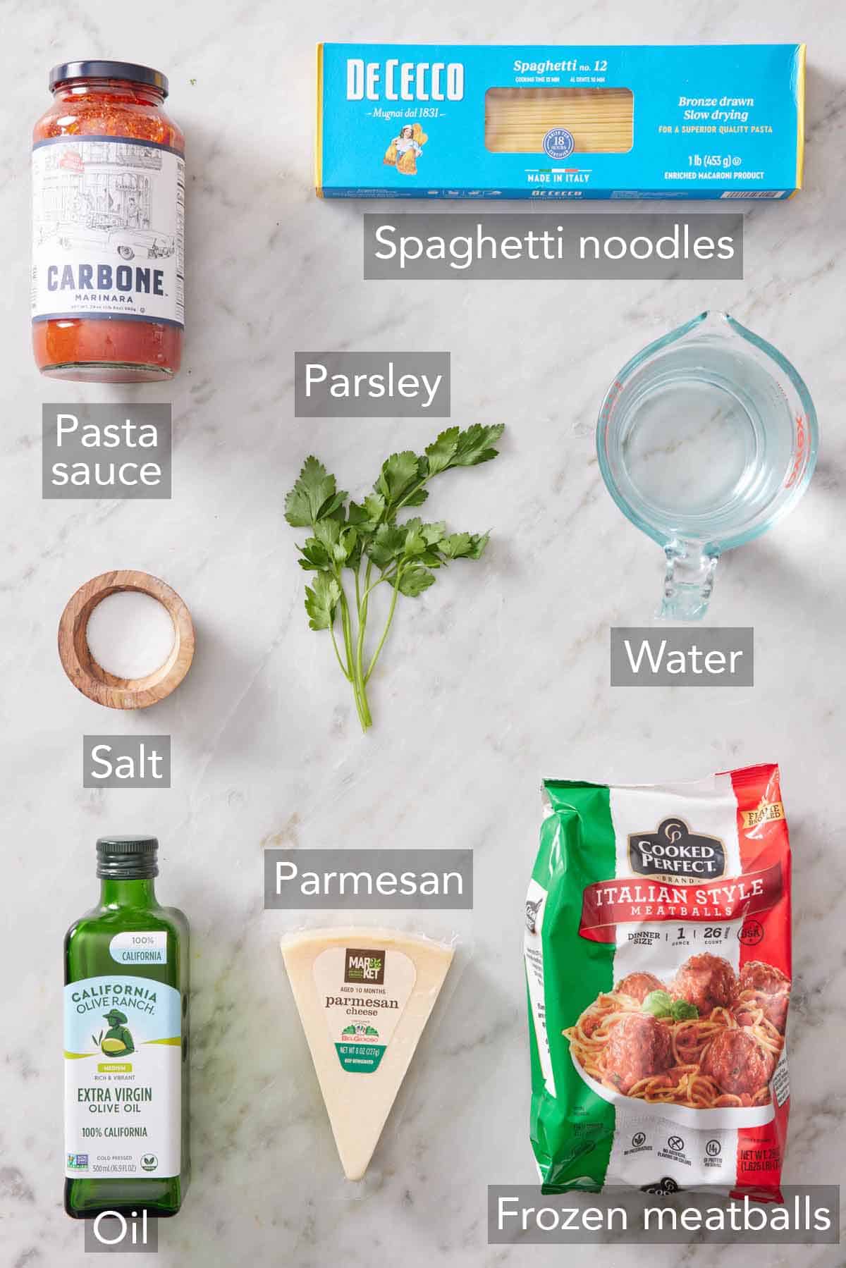 Ingredients needed to make Instant Pot spaghetti and meatballs.