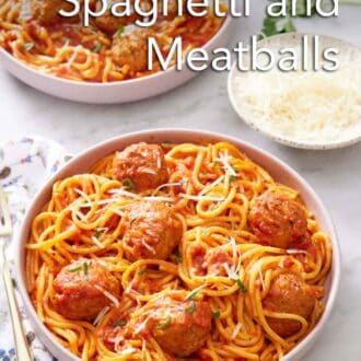 Pinterest graphic of a plate of Instant Pot spaghetti and meatballs topped with parsley and parmesan. A bowl of parmesan and another plated serving of spaghetti and meatballs in the back.