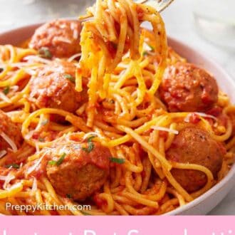 Pinterest graphic of a fork lifting up a bite of Instant Pot spaghetti and meatballs from a plate.