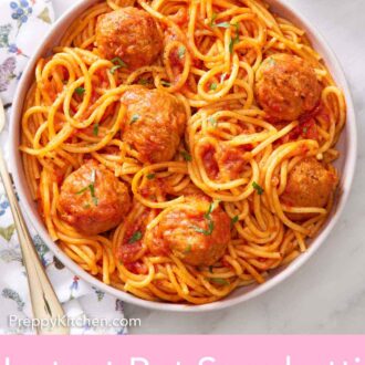 Pinterest graphic of an overhead view of a plate of Instant Pot spaghetti and meatballs with chopped parsley on top.