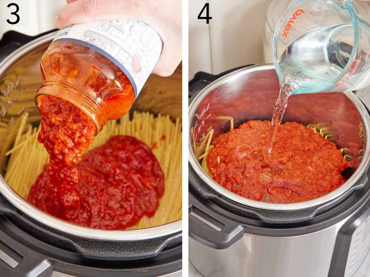 Set of two photos showing pasta sauce and water added over the spaghetti noodles.