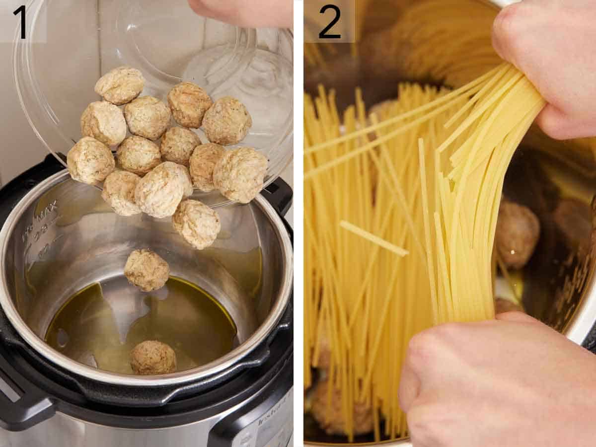 Set of two photos showing frozen meatballs and spaghetti added to a pressure cooker.