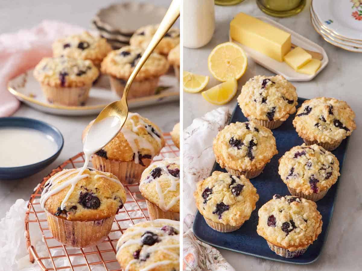 Set of two photos showing glaze spooned over a cooling rack with lemon blueberry muffins and lemon blueberry muffins on a blue platter, topped with crumb topping.