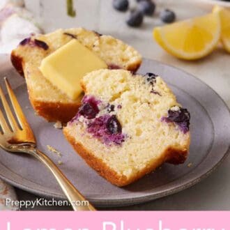 Pinterest graphic of a plate with a fork with a lemon blueberry muffin cut in half with a slab of butter on one half.