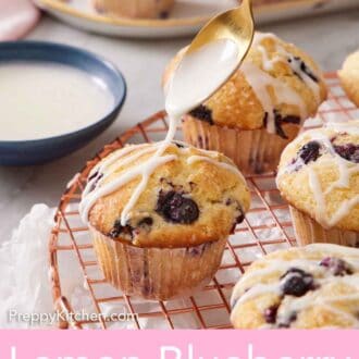 Pinterest graphic of glaze spooned over a cooling rack with lemon blueberry muffins.