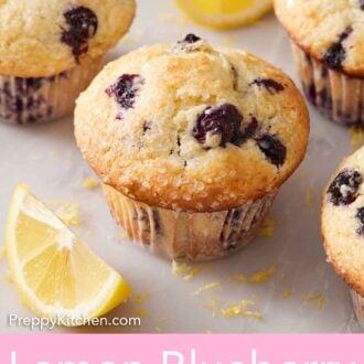 Pinterest graphic of lemon blueberry muffins with lemon wedges and lemon zest scattered around.