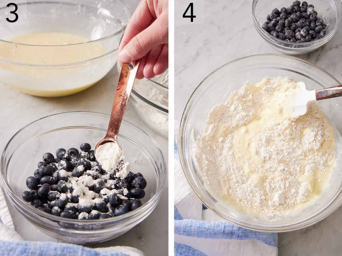 Set of two photos showing flour added to a bowl of blueberries and wet ingredients folded into the dry ingredients.