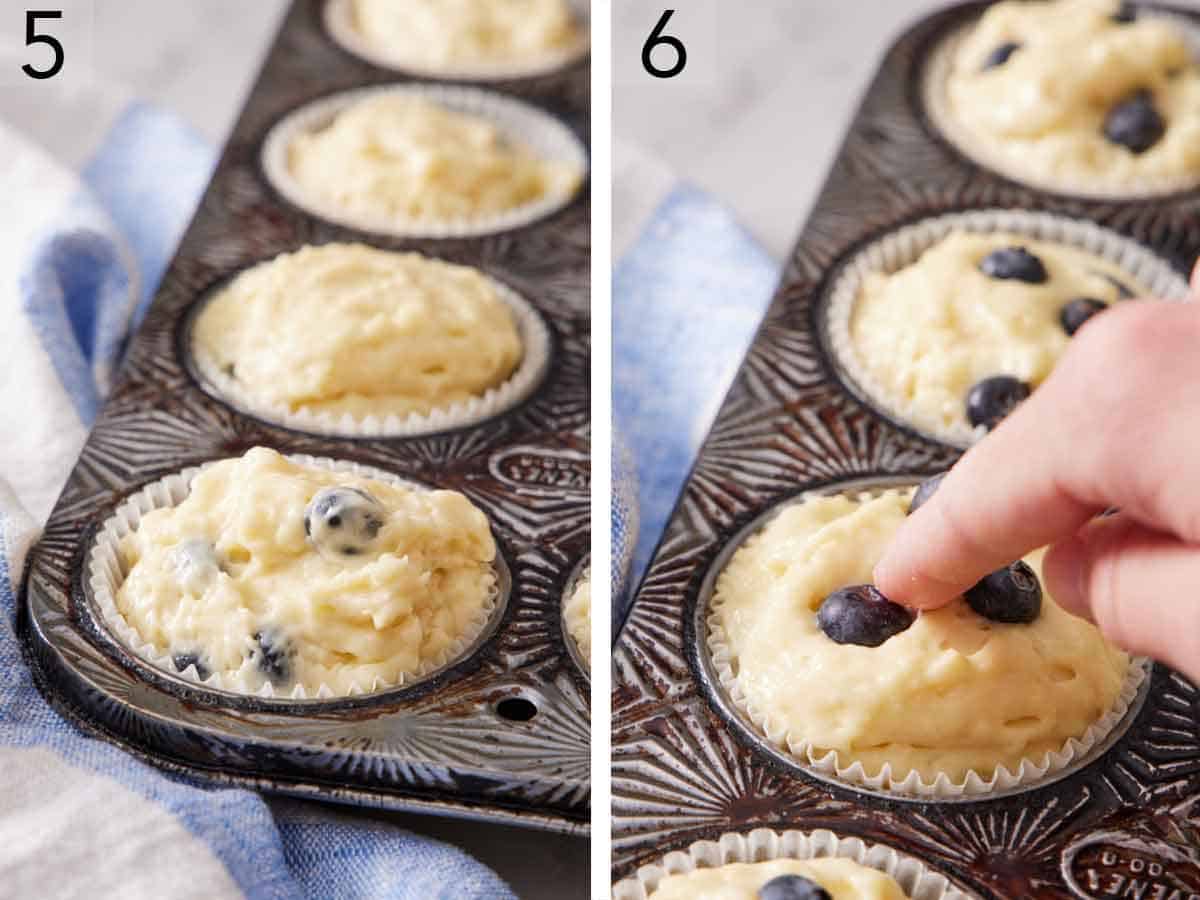 Set of two photos showing batter added to a muffin tin and blueberries pressed on top.