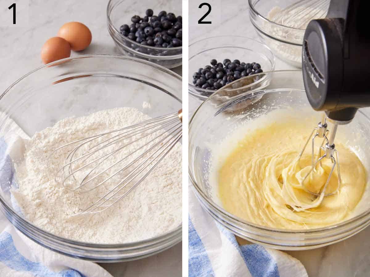 Set of two photos showing dry ingredients whisked together and wet ingredients mixed together.