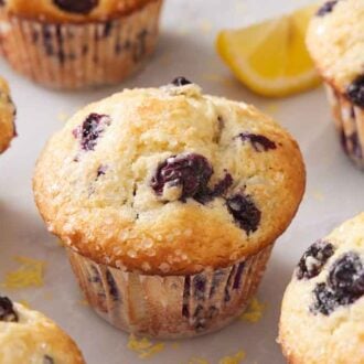 Multiple lemon blueberry muffins with some sugar on top with lemon zest scattered around.