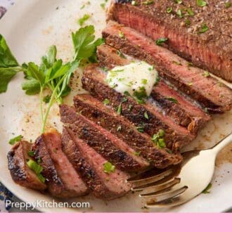 Pinterest graphic of a platter with a London broil, partially sliced with a pat of melted butter on top and chopped herbs.