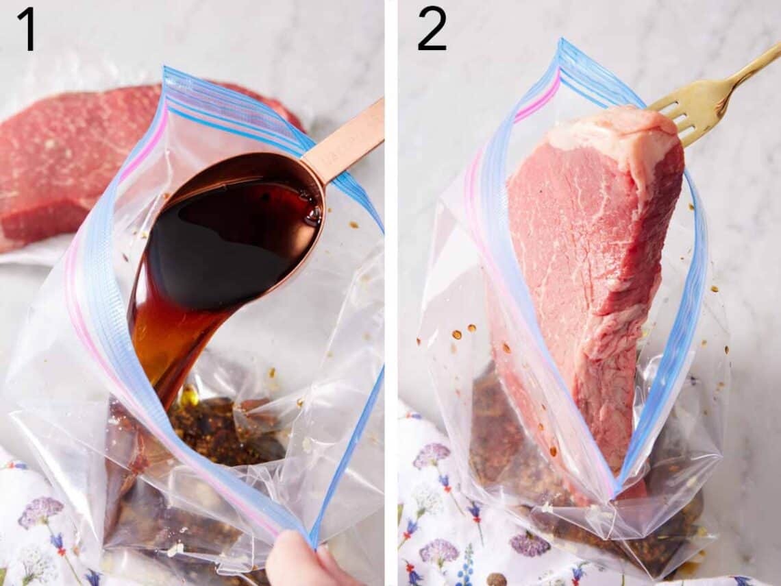 Set of two photos showing soy sauce and steak added to a ziptop bag.