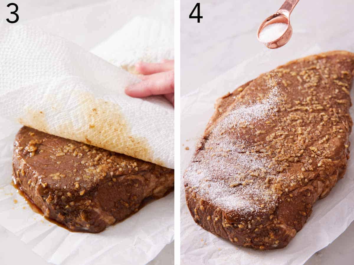 Set of two photos showing marinated steak patted dry and salt sprinkled on top.