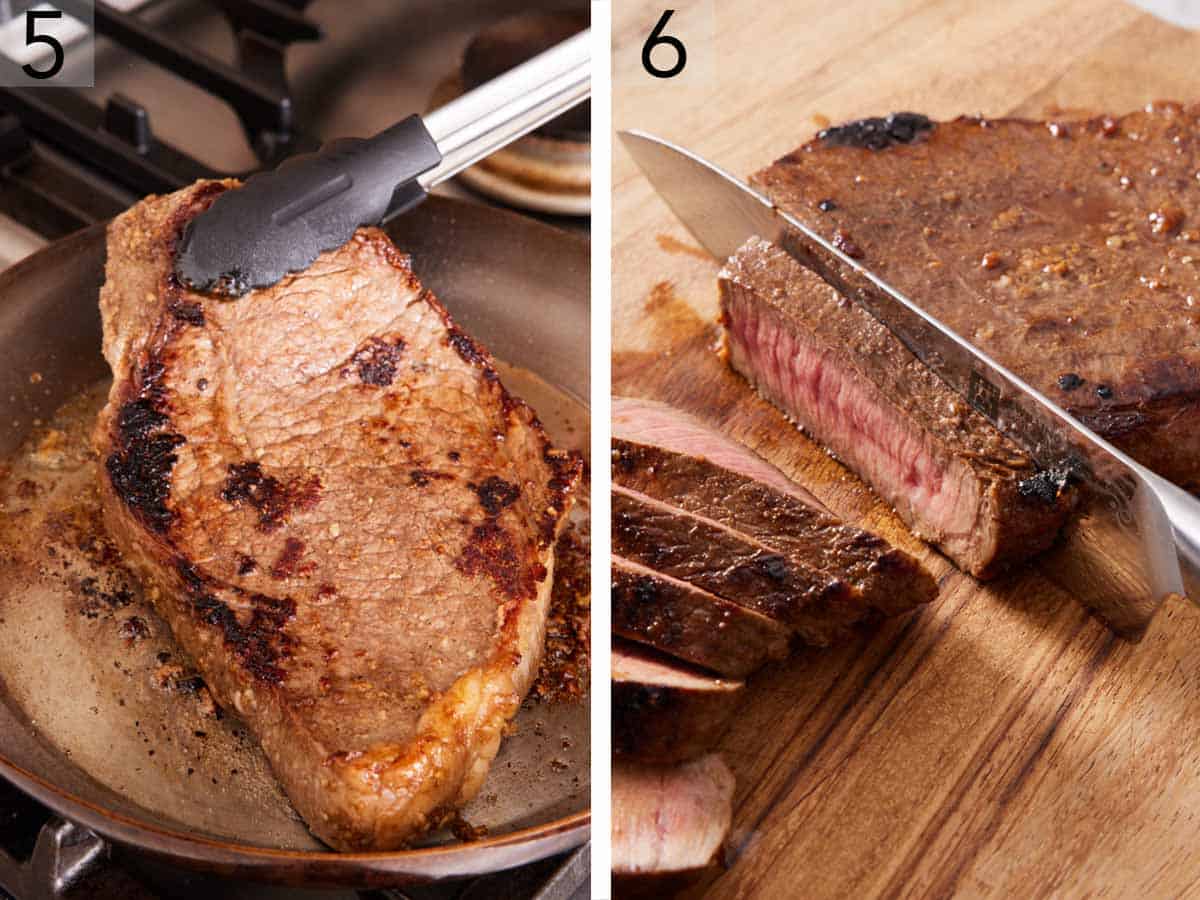 Set of two photos showing steak flipped in a skillet with a pair of tongs and then sliced with a knife.