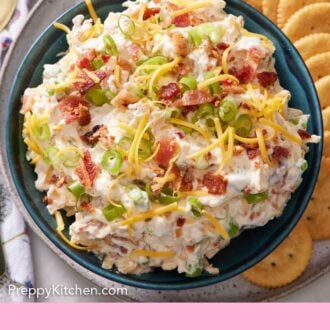 Pinterest graphic of an overhead view of a bowl of million dollar dip on a platter with round crackers.