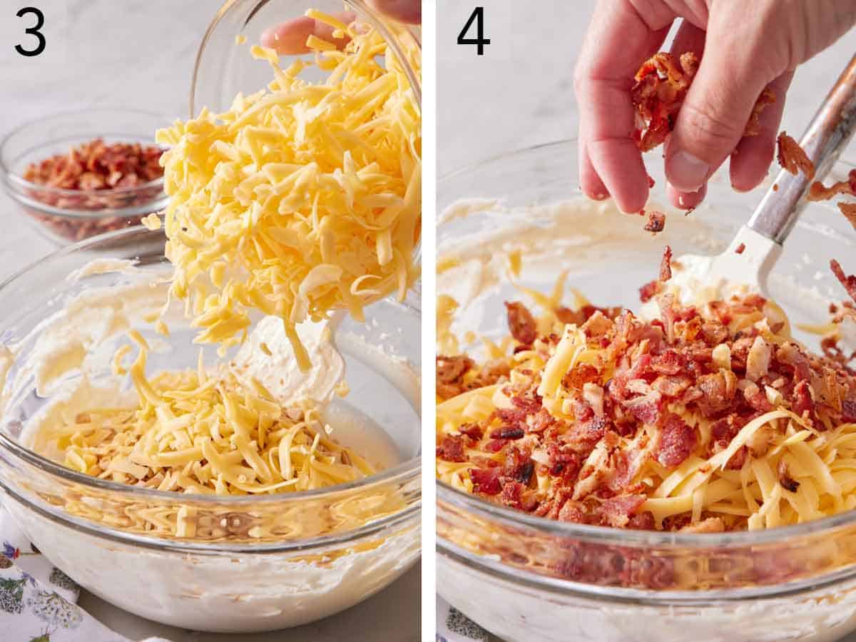 Set of two photos showing shredded cheese and bacon added to the bowl of cream cheese.