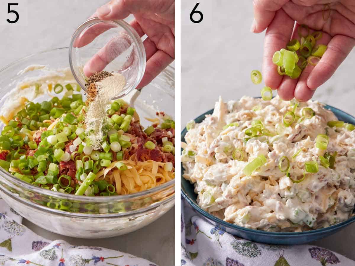 Set of two photos showing green onions and seasoning added to the bowl and garnished with more green onions after being mixed.