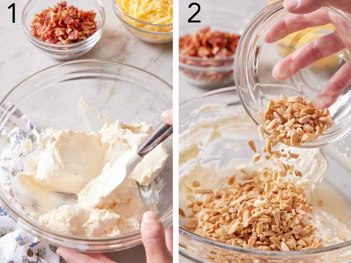 Set of two photos showing cream cheese mixed and almonds added.