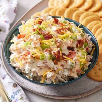 A bowl of million dollar dip on a platter with crackers. A spoon on the side.