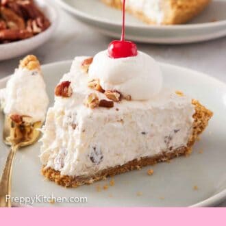 Pinterest graphic of a plate with a slice of Millionaire Pie with a fork beside it with the tip of the pie.