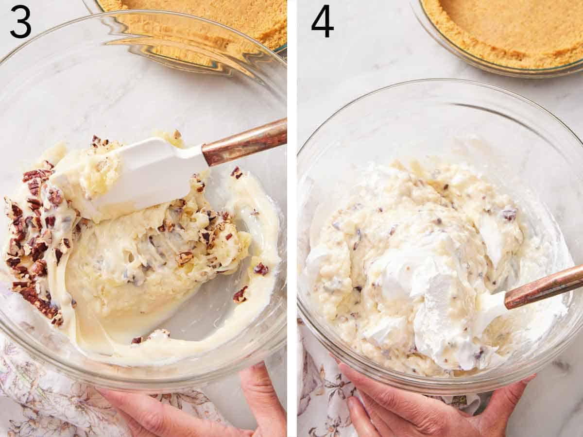 Set of two photos showing the mixture stirred together and cool whip folded in.