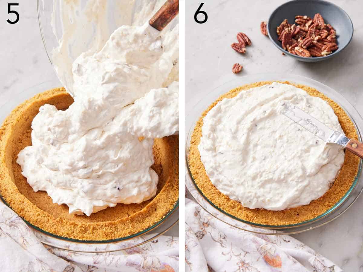 Set of two photos showing filling added to a graham cracker crust and spread over top.