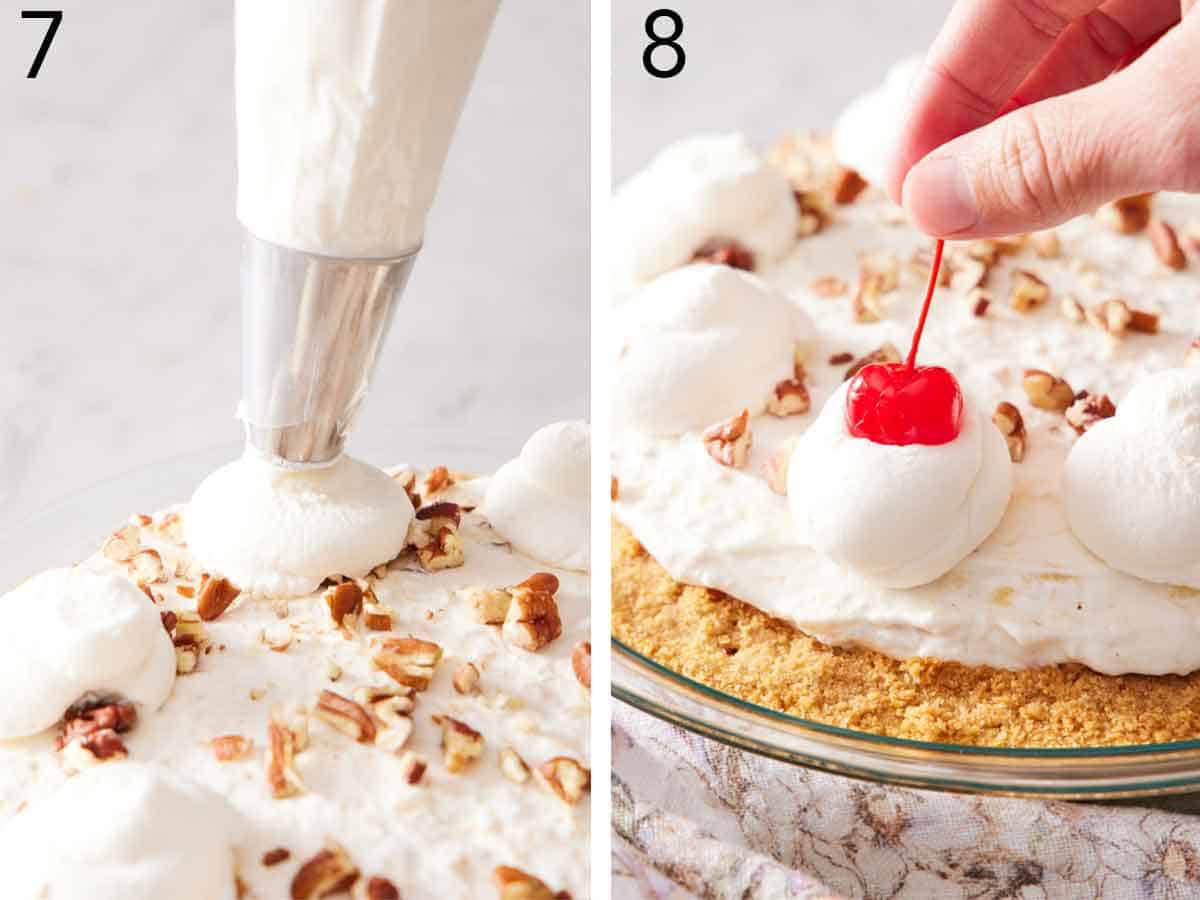 Set of two photos showing whipped topping piped on top of the filling and a Maraschino cherry placed on top.