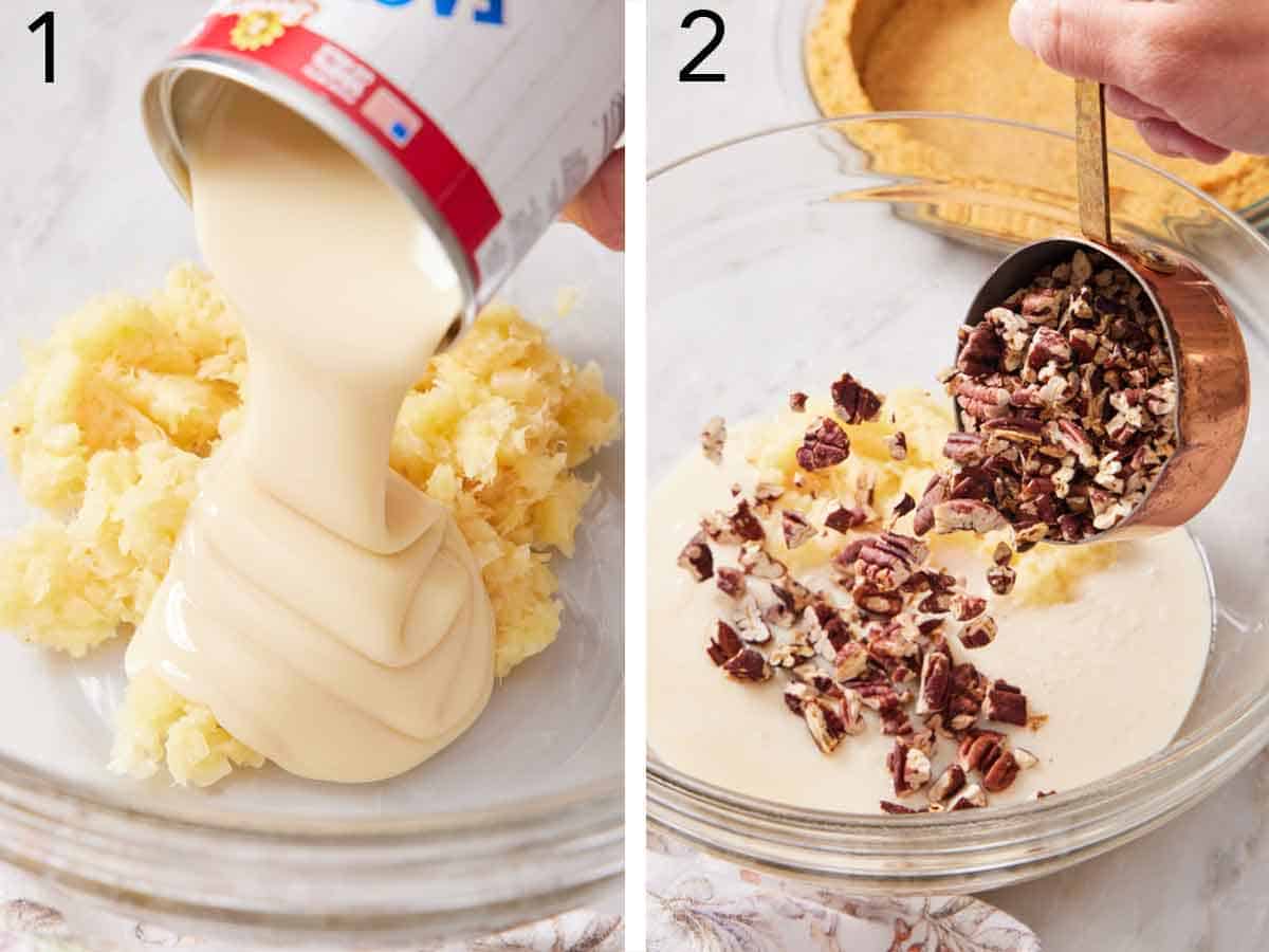 Set of two photos showing sweetened condensed cream added to a bowl of crushed pineapple then chopped pecans added.