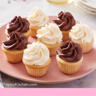 Pinterest graphic of a plate with four mini cupcakes with chocolate frosting and four with vanilla frosting.