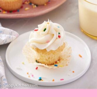 Pinterest graphic of a plate with a mini cupcake with the paper liner pulled down and with sprinkles in the frosting.