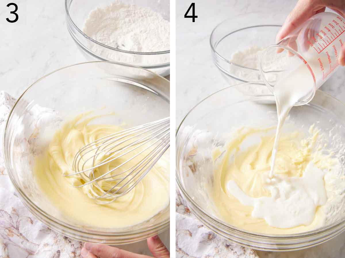 Set of two photos showing wet ingredients whisked and milk added.