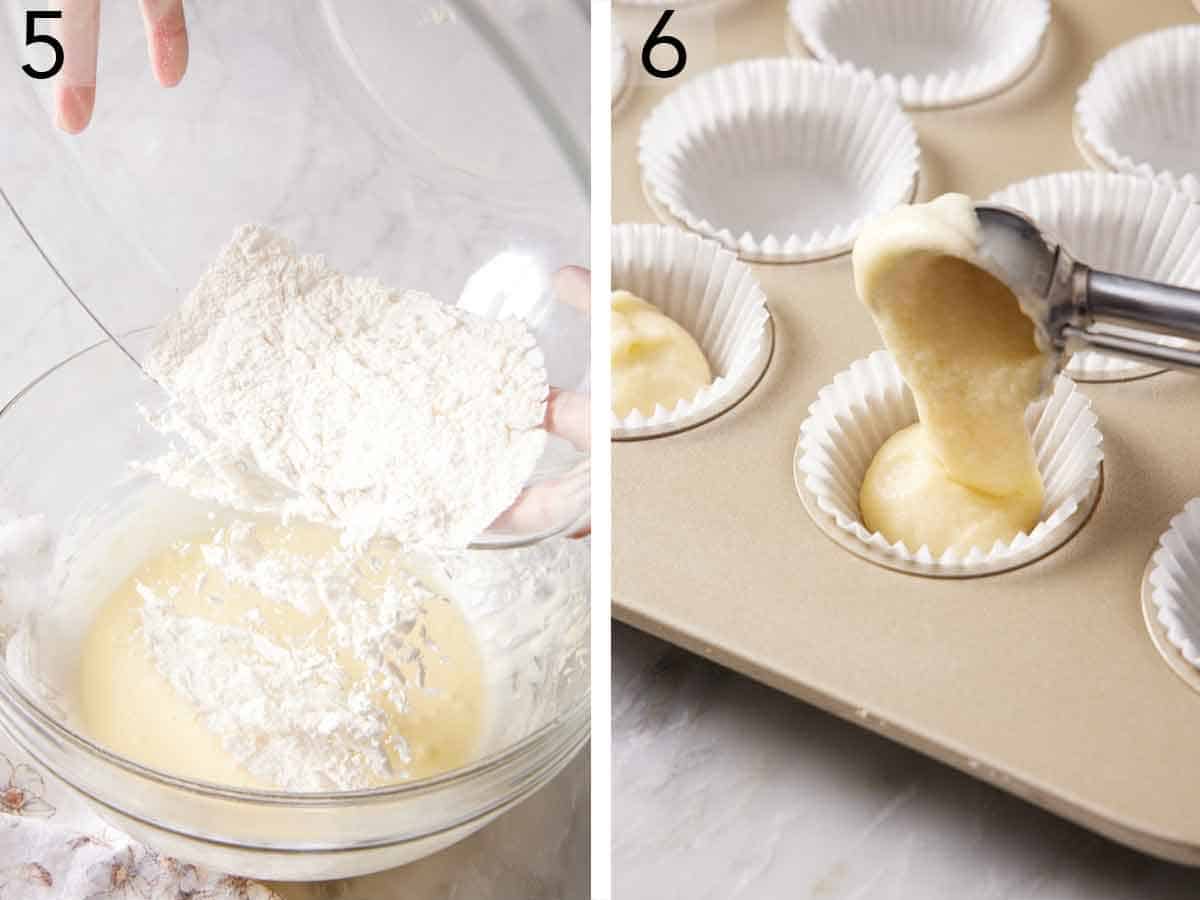 Set of two photos showing dry ingredients added to the wet ingredients and batter scooped into a lined mini cupcake tin.