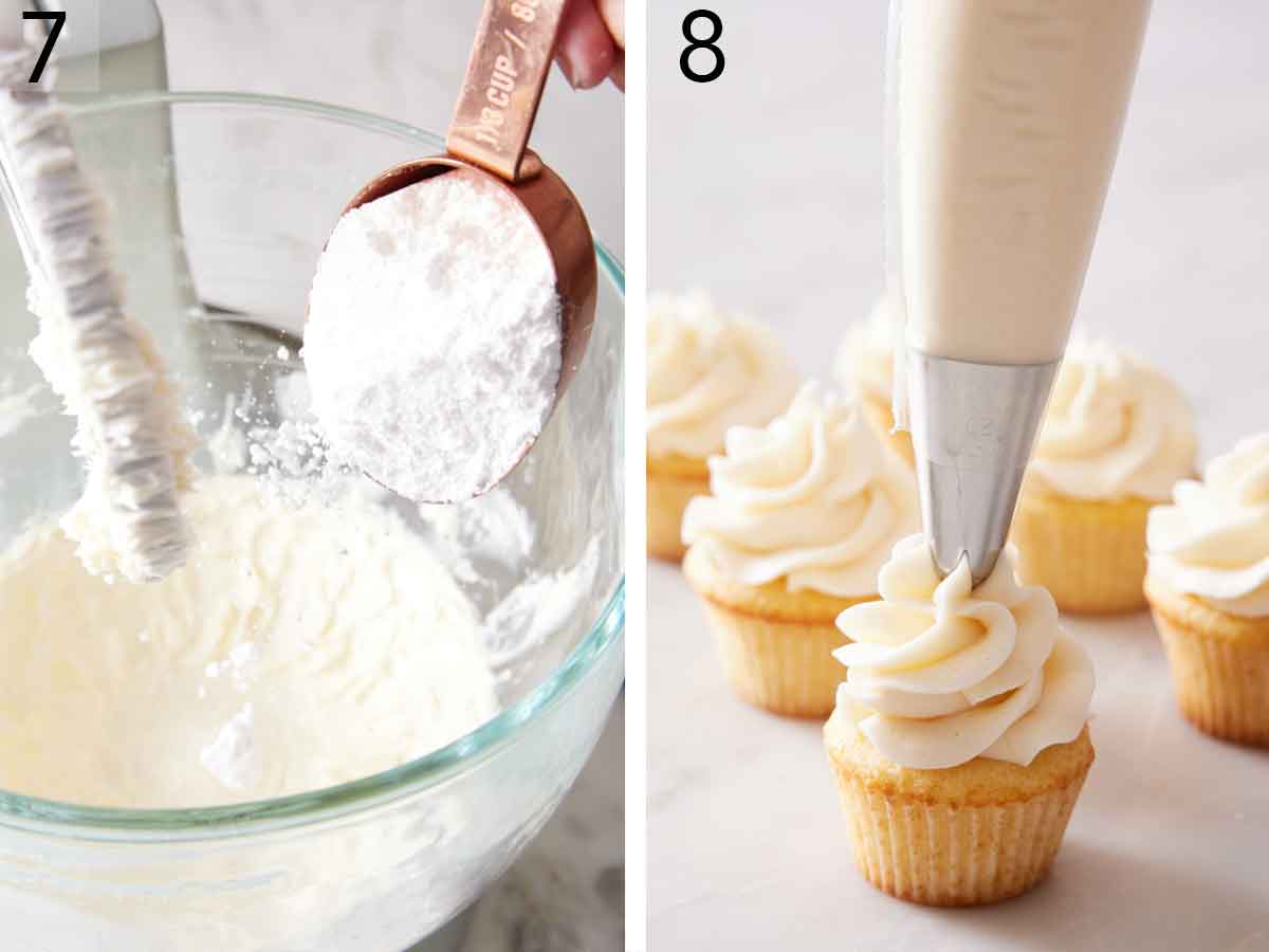 Set of two photos showing powdered sugar added to a mixer and frosting piped over mini cupcakes.