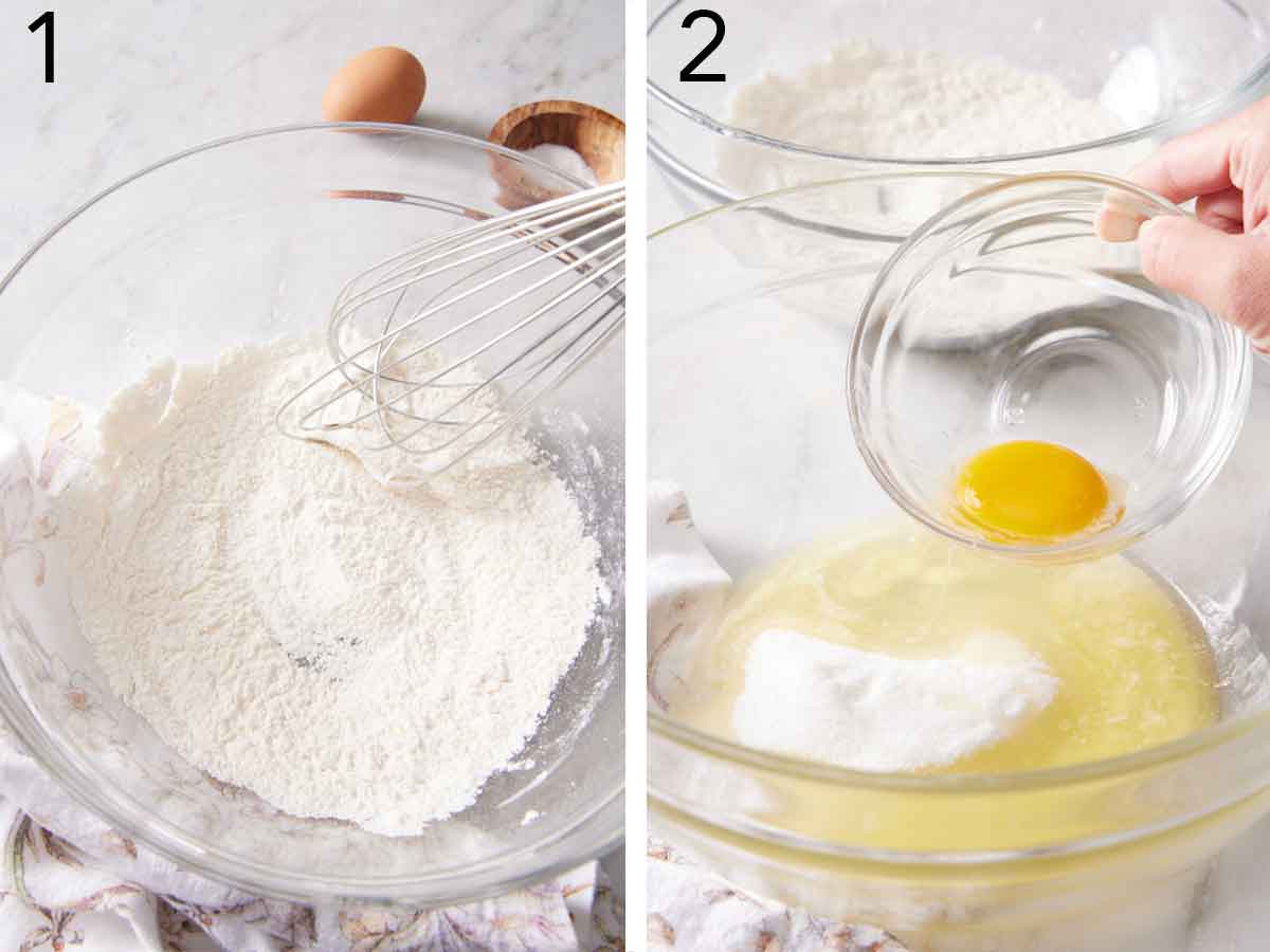 Set of two photos showing dry ingredients whisked in a bowl and egg added to a bowl of wet ingredients.