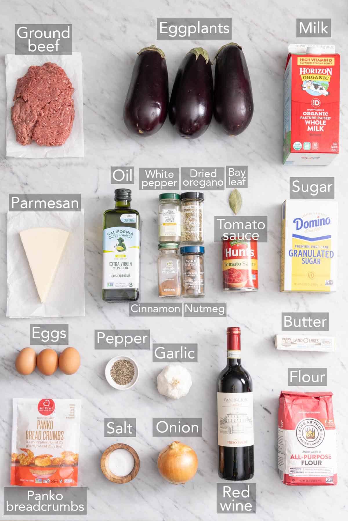 Ingredients needed to make moussaka.