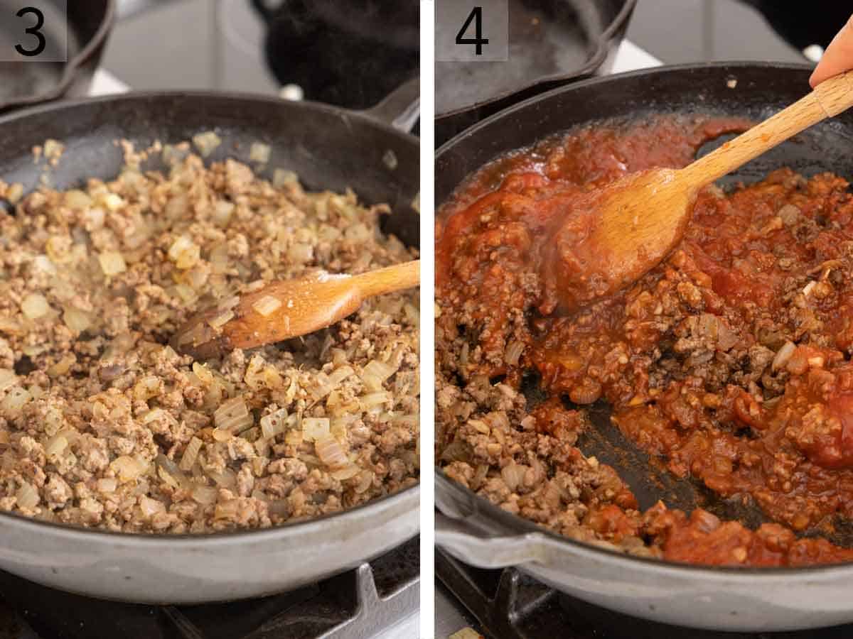 Set of two photos showing ground beef and onions cooked and tomato sauce added.