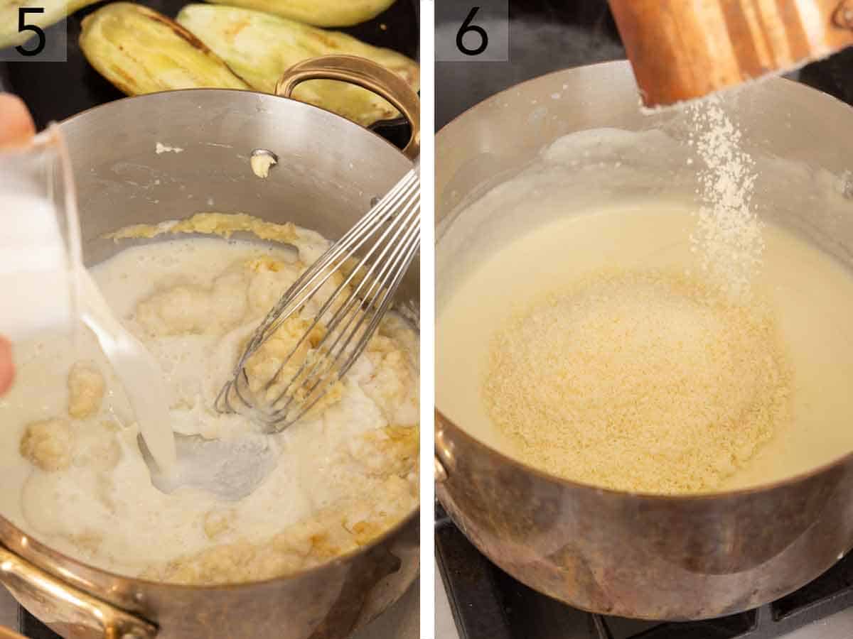 Set of two photos showing bechamel cooked in a pot.